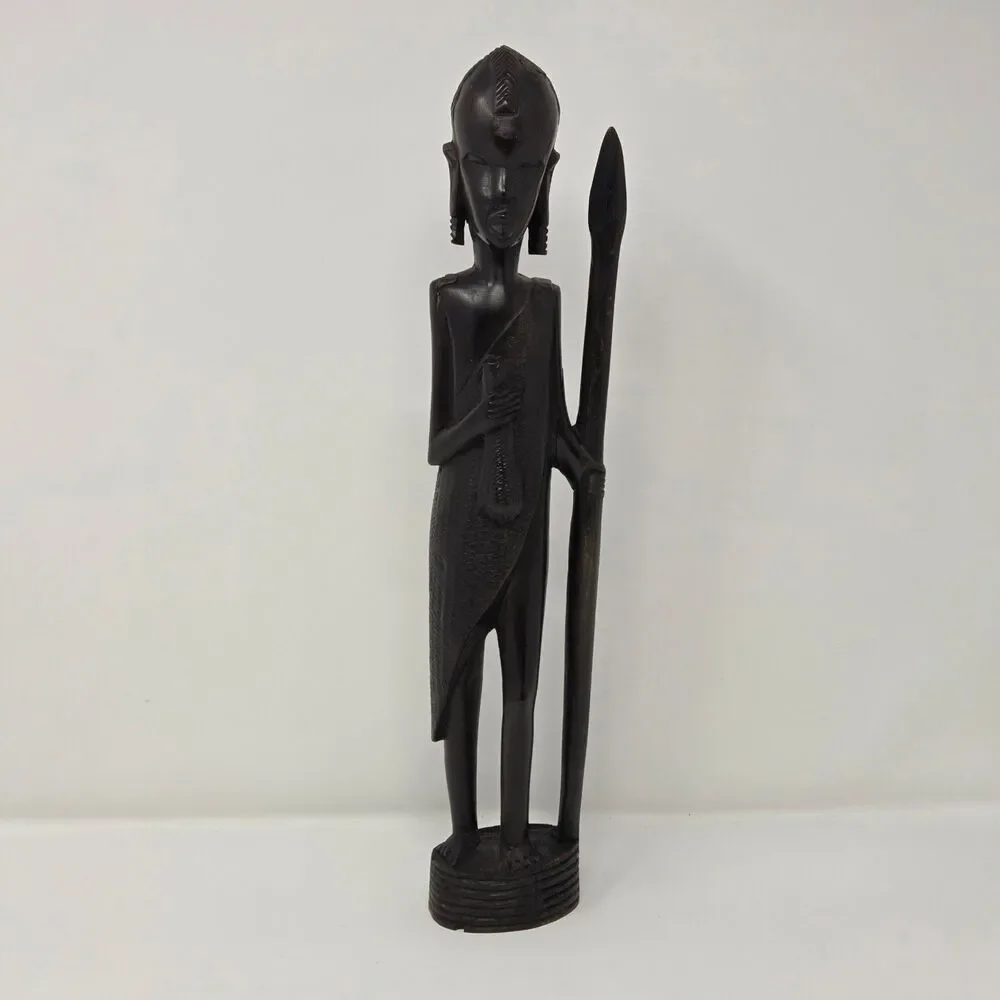 Vintage Hand Carved African Warrior Statue Figure w/ Spear‎ Wood Tribal Art 14
